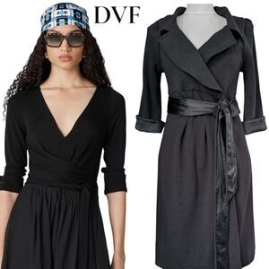 DVF Black Wool Blend Black Wrap Dress KNEE LENGTH XS